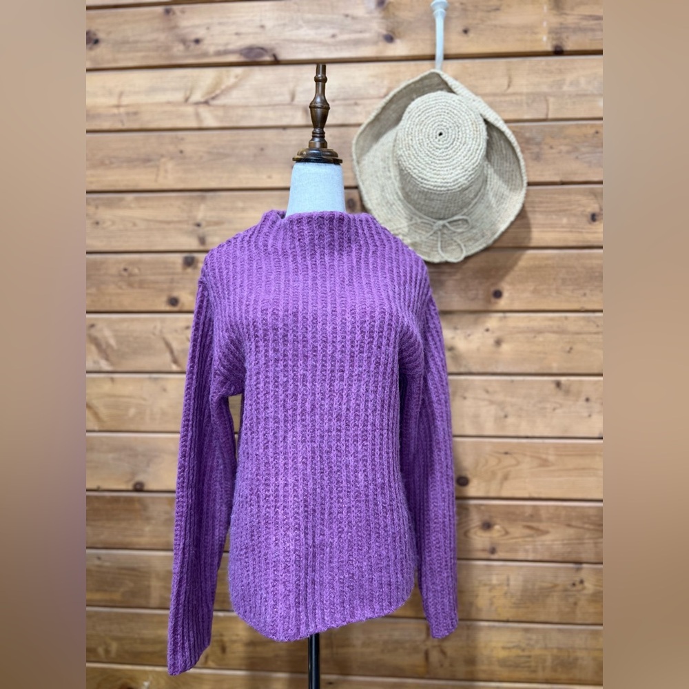 Vince Ribbed Funnel Neck Sweater Dark Hollyhock Alpaca Wool Blend Small